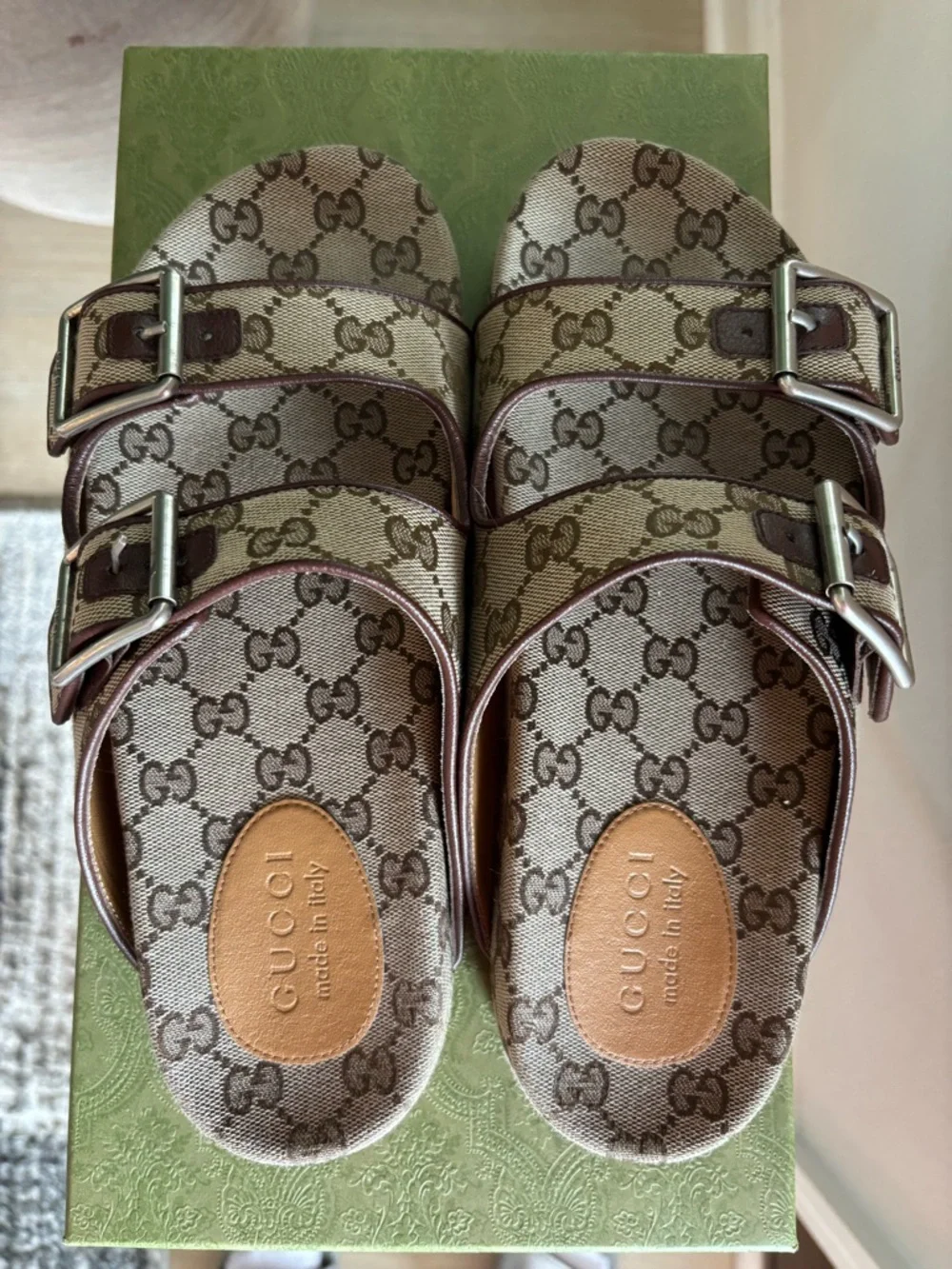Gucci Men’s Strap Slide Monogram Brown Beige Sandals